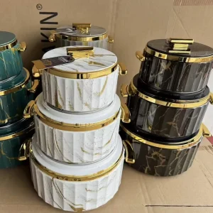 3Pcs Thermal Casserole Set 1.5L 3.2L 6.2L Insulated Food Warmer Fluted Exterior Block Gold Handle Party Serving Box