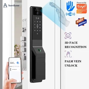 Aurelysse Tuya WiFi Fully Automatic Smart Door Lock with 3D Face Palm Fingerprint Recognition Security for Aluminum & Wood Doors