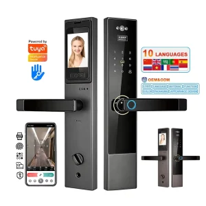 Camera Smart Door Handle Lock with WiFi App, Remote Control, Fingerprint, and Cat Eye