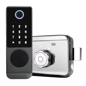 Double-Sided Smart Rim Lock with TTlock and Tuya App, Biometric Fingerprint, Code, Card and Key Unlock