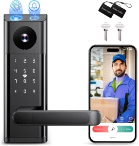 Electronic Fingerprint RFID Card Tuya WiFi Door Smart Handle Lock with Camera and Doorbell Guestroom Hotel Airbnb Use
