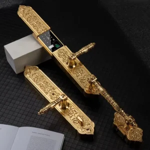 European Retro Pattern Smart Fingerprint Electronic Door Lock Large Handle WIFI Cloud for High End Villa’s Double Wood Door
