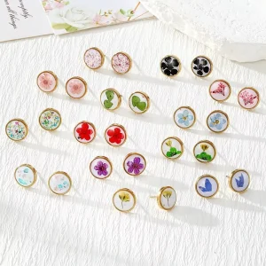 Gold Colorful 304 Stainless Steel Piercing Studs Real Dried Pressed Flower Botanical Specimen for Womens Girls Earrings Jewelry