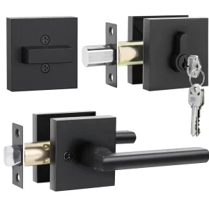 Heavy Duty Matte Black Exterior Door Lock Set with Deadbolt Modern Square Zinc Alloy Key Operated