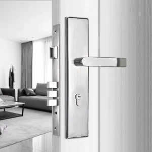 Modern Minimalist Stainless Steel Long Plate Door Lock Set with Lever Handle for Entry Doors and Hotels