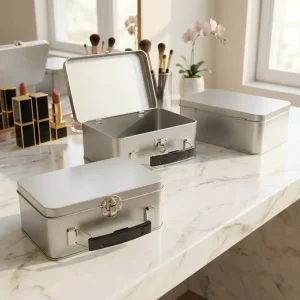 Rectangular Tinplate Lunch Box with Handle Locking Latch Recyclable Cosmetic Gift Set Packaging Case