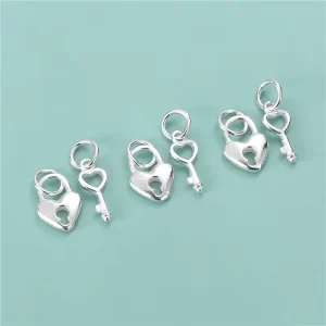 Romantic S925 Sterling Silver Love Heart Shaped Lock Key Pendant for DIY Handmade Couple Bracelet Necklace Jewelry Making