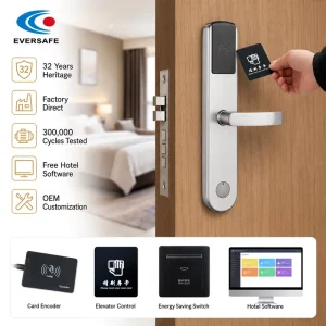 SUS304 13.65MHz Card Electronic Hotel Lock Mechanical Key Override Built-in Battery for Brass Doors