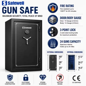 Safewell FS60 CE Dual Lock Anti Drill Anti Pry Fire Resistant Large Gun Safe With 3 Point Bolts Thick Steel Door For Home Office