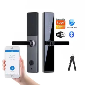 Smart Door Lock Tuya WiFi Ttlock Fingerprint Aluminum Door Handle with Emergency Charging Port Password Card Door