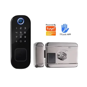 Smart Outdoor Gate Lock Fingerprint Card Reader WiFi Cloud Remote Control Aluminum Rim Lock for Wood Doors 35-70mm