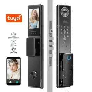 Video Intercom Smart Door Lock with Palm and 3D Facial Recognition, Digital Keypad, Anti-Peeping Design