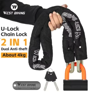 WEST BIKING OEM ODM New Mountain Ebike Door Iron Chain Lock Technology Black Anti Theft Bike Lock Cycling Best Motor Bike Locks