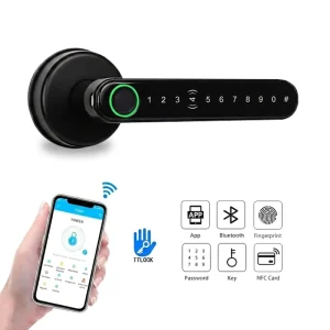 WiFi Security Door Lock Electronic Code Fingerprint Handle Lock Zinc Alloy Black for 35-55 mm Wood Doors