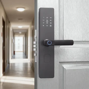 Wood Door Handle Smart Lock with Fingerprint, Auto-Locking, App Control and 4 AA Batteries